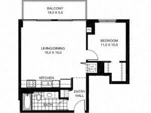 Floor plan for 1 bed, 1 bath, 688 sqft